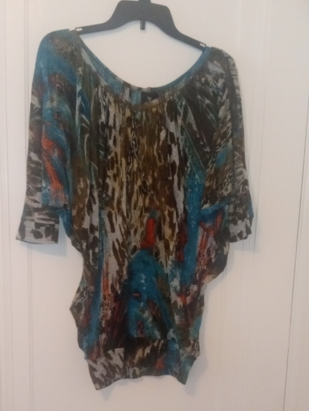 loose fit Scoop Neck Women's Top in Teal & Brown, batwing, small